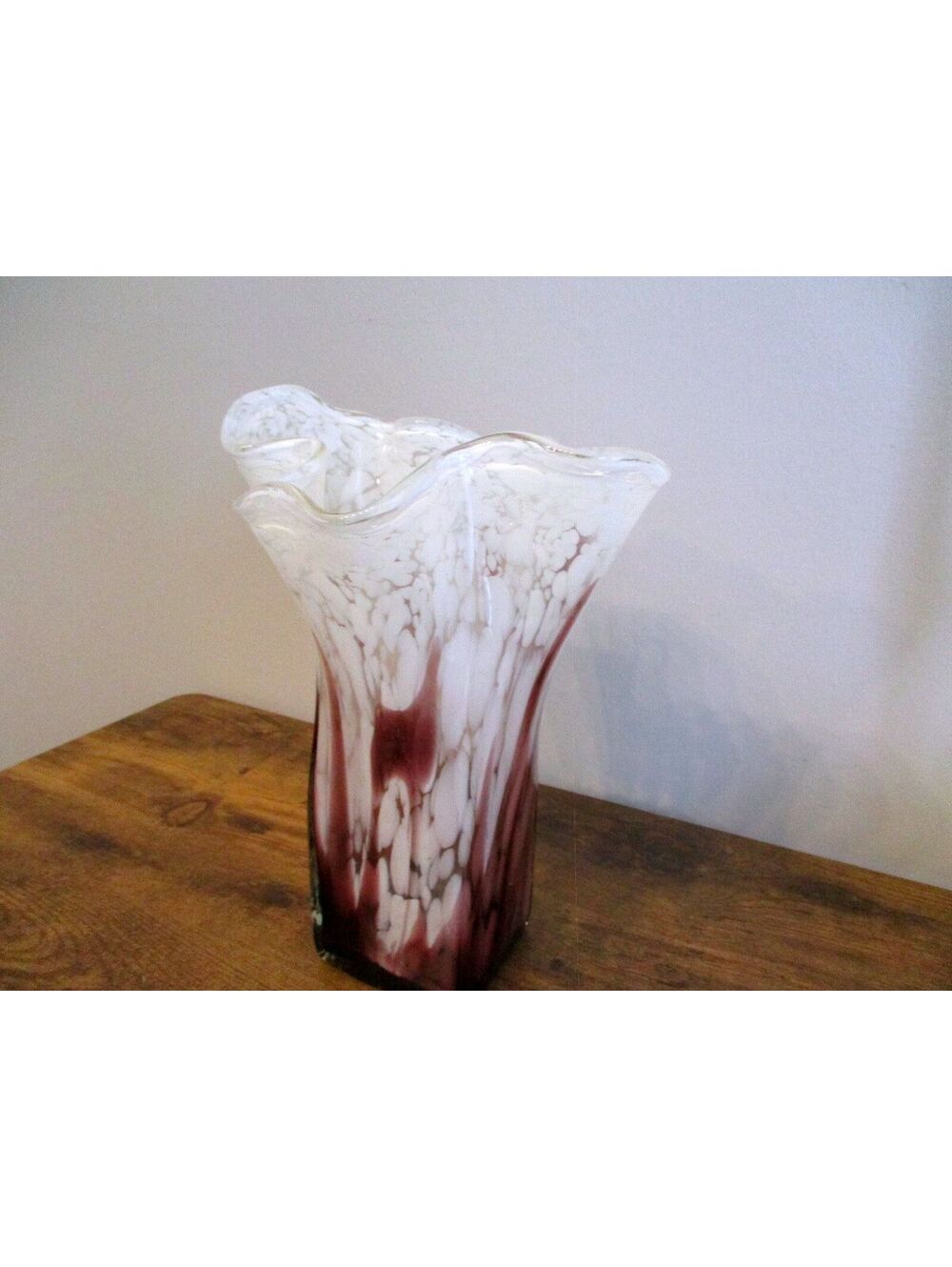 MCM Purple & White Mottled Handblown Glass Vase - Ruffled Handkerchief Top